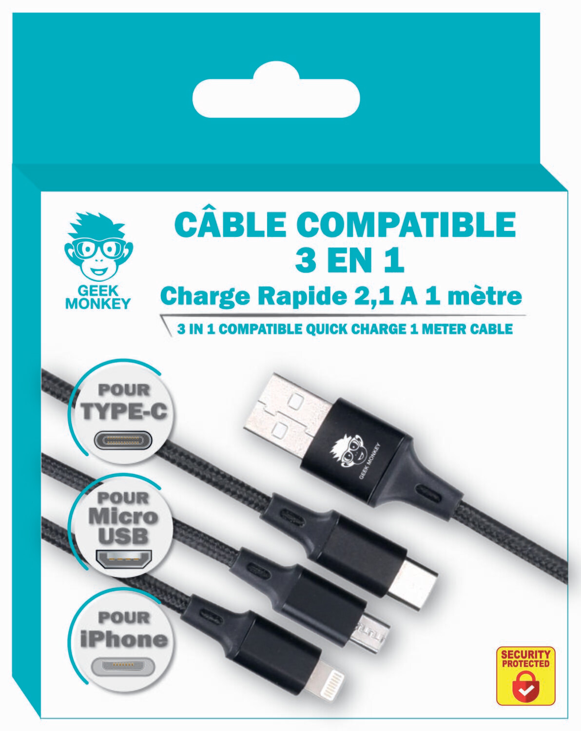 Chargeur GEEK MONKEY secteur USB-A 2.1 + câble IPhone Lightning